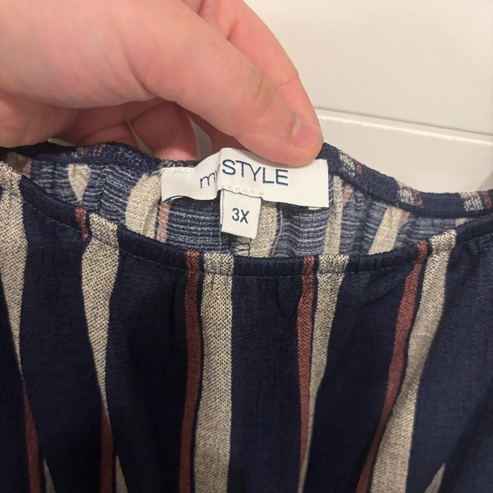 NWT My Style Striped Navy Short Sleeve Smocked Waist Peasant Tunic Top - Picture 3 of 7